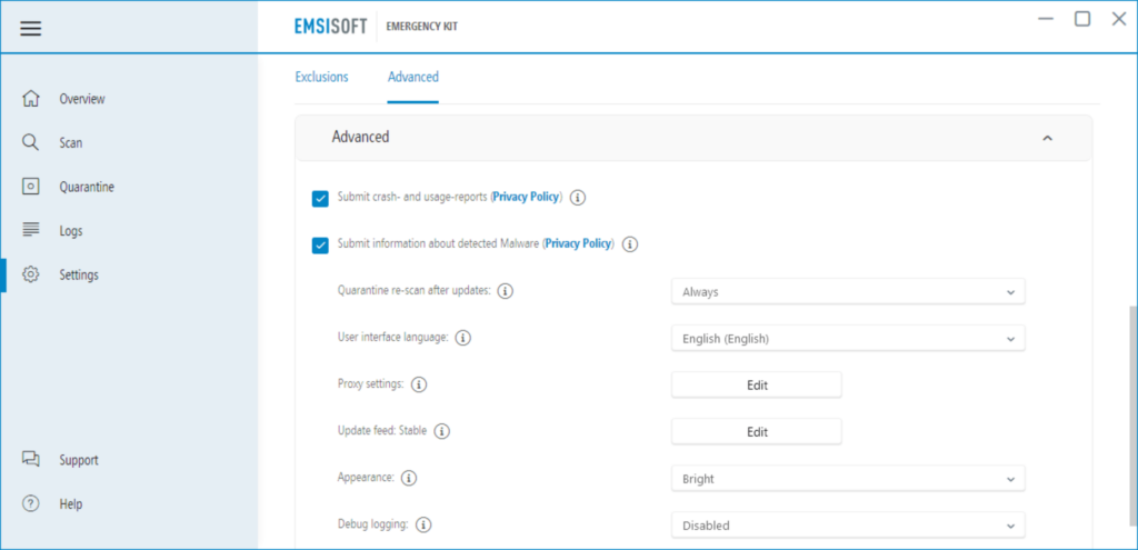 Emsisoft Emergency Kit Advanced preferences