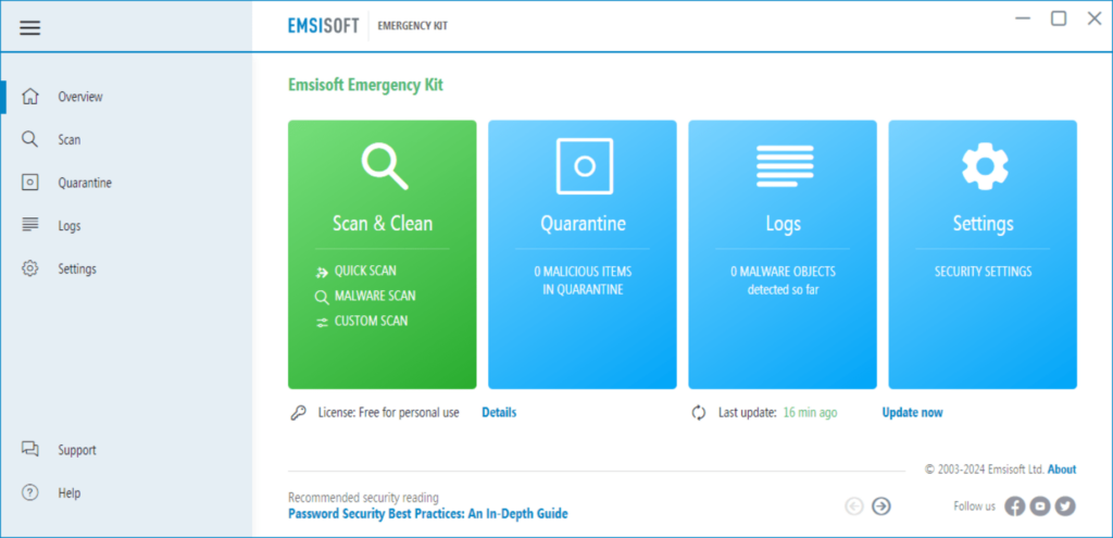 Emsisoft Emergency Kit Main dashboard