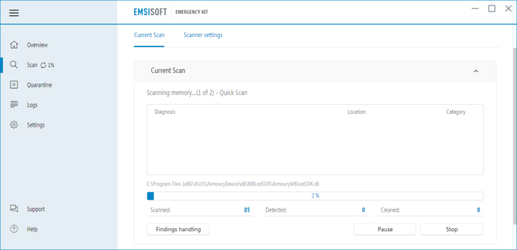 Emsisoft Emergency Kit Scan process