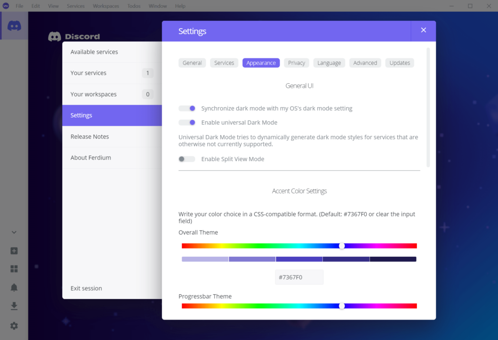 Ferdium Visual settings