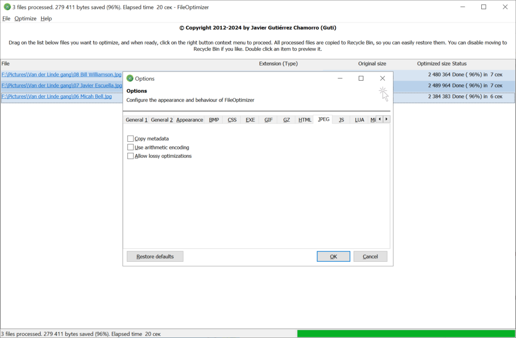 FileOptimizer Format preferences