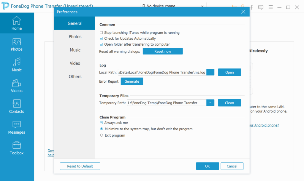 FoneDog Phone Transfer General parameters