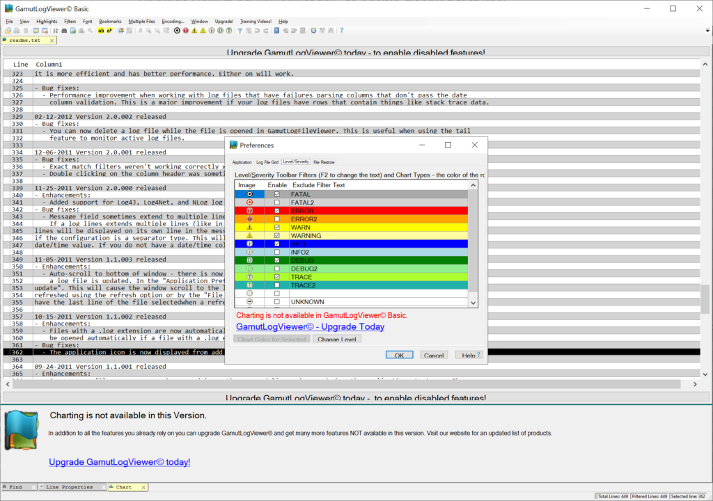 GamutLogViewer Filter preferences