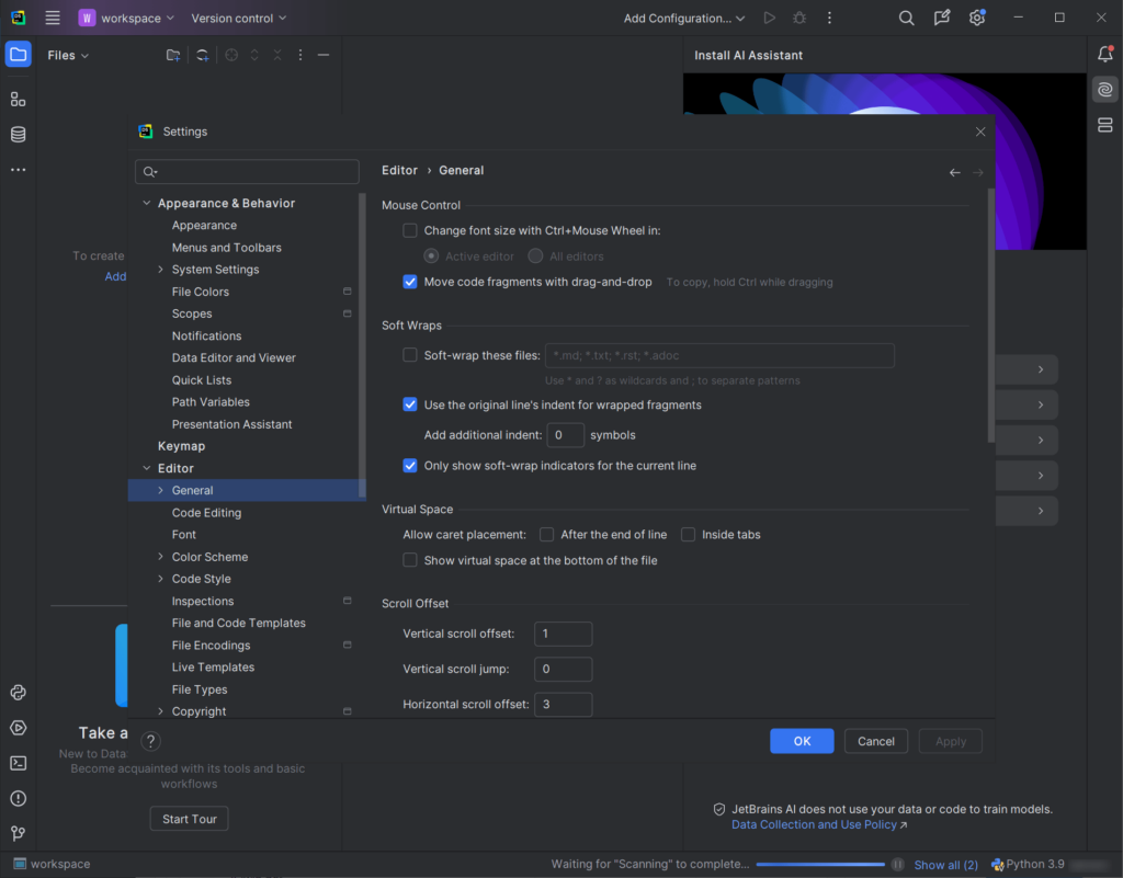 JetBrains DataSpell Editor parameters