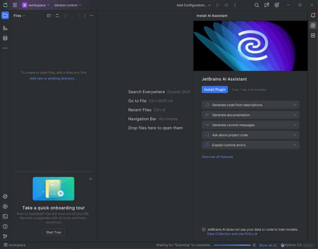 JetBrains DataSpell Main dashboard