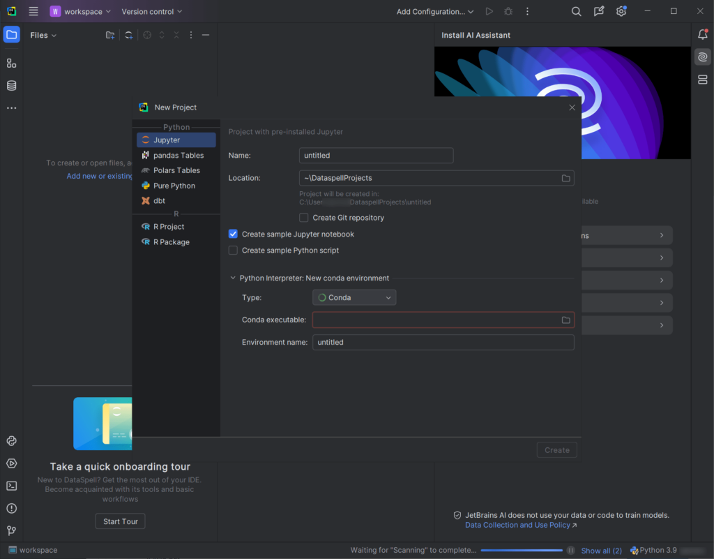 JetBrains DataSpell Project creation