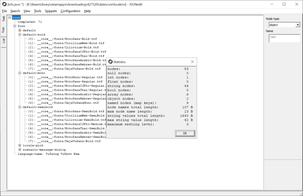 JSONedit Node statistics