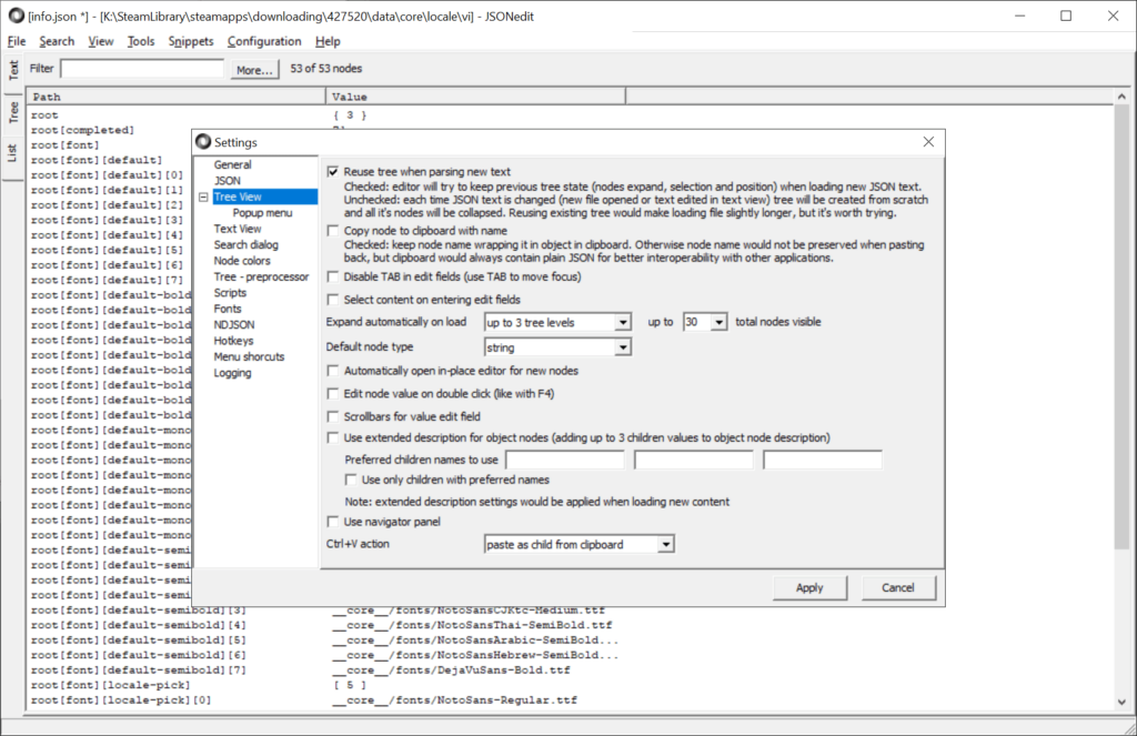 JSONedit Tree view settings