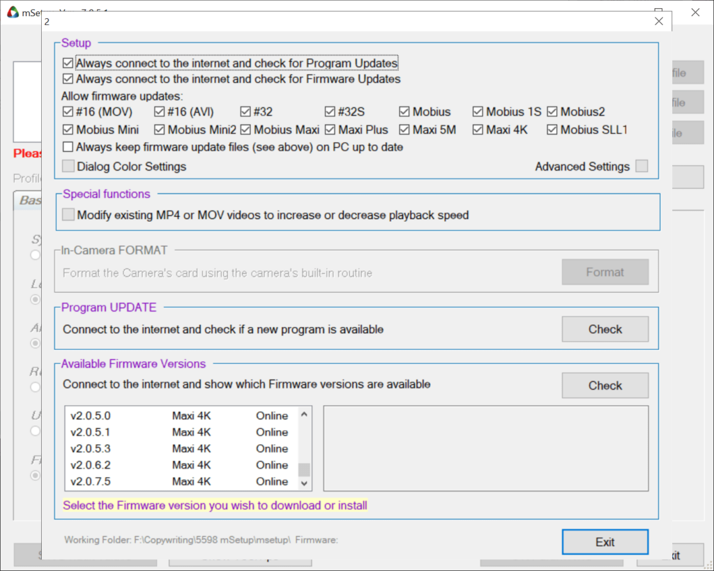 mSetup Program settings