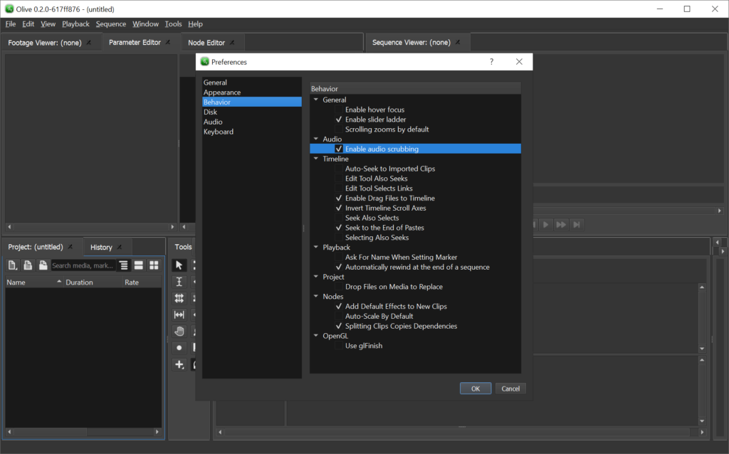 Olive Video Editor Advanced preferences