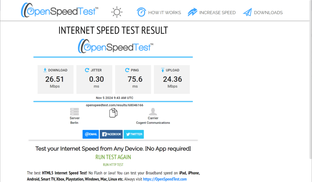 OpenSpeedTest Evaluation results