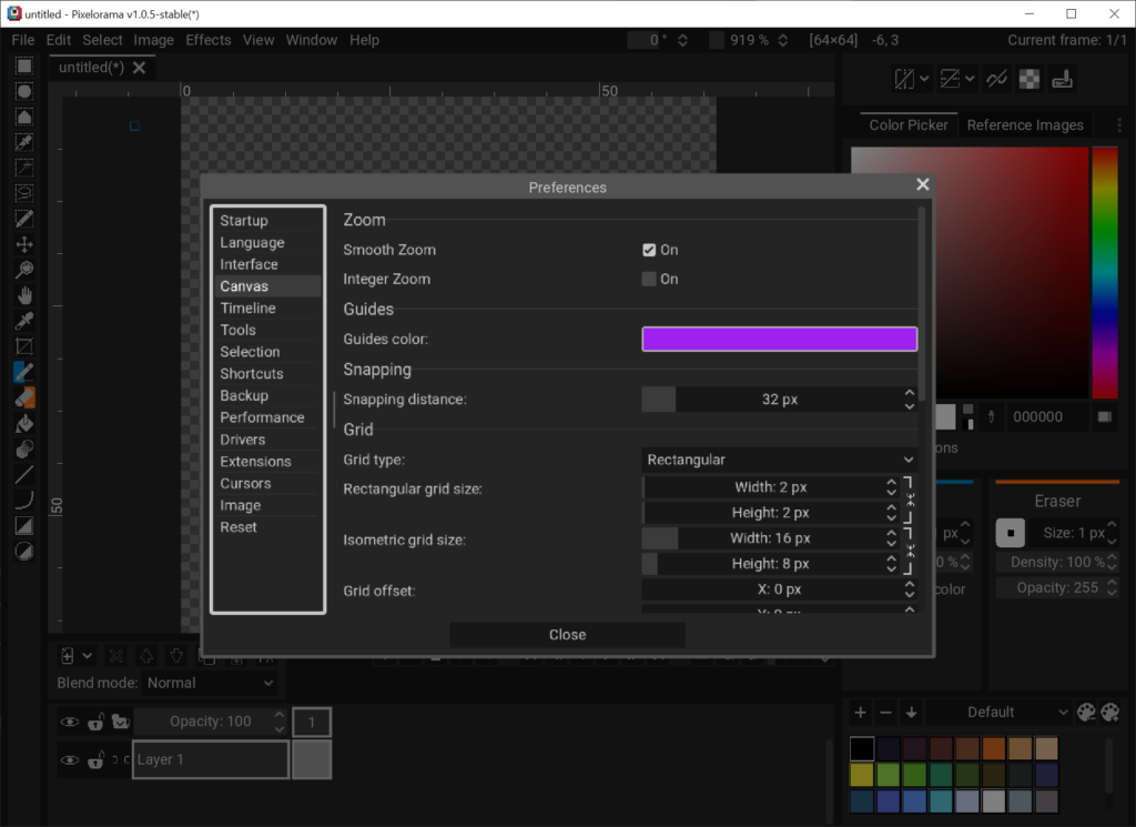 Pixelorama Canvas settings