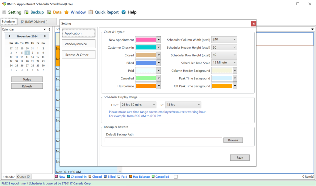 RMCIS Appointment Scheduler Layout settings