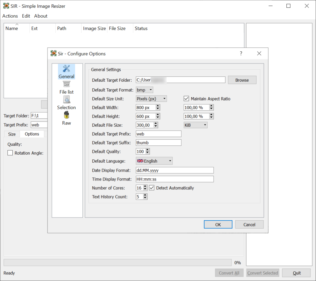 Simple Image Resizer General preferences