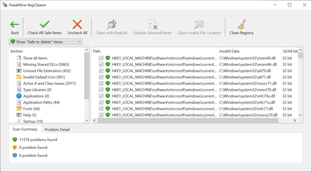 TweakNow RegCleaner Scan results