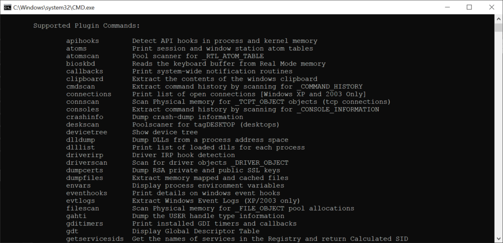 Volatility Plugin commands