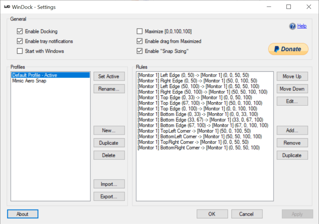 WinDock Profile configuration