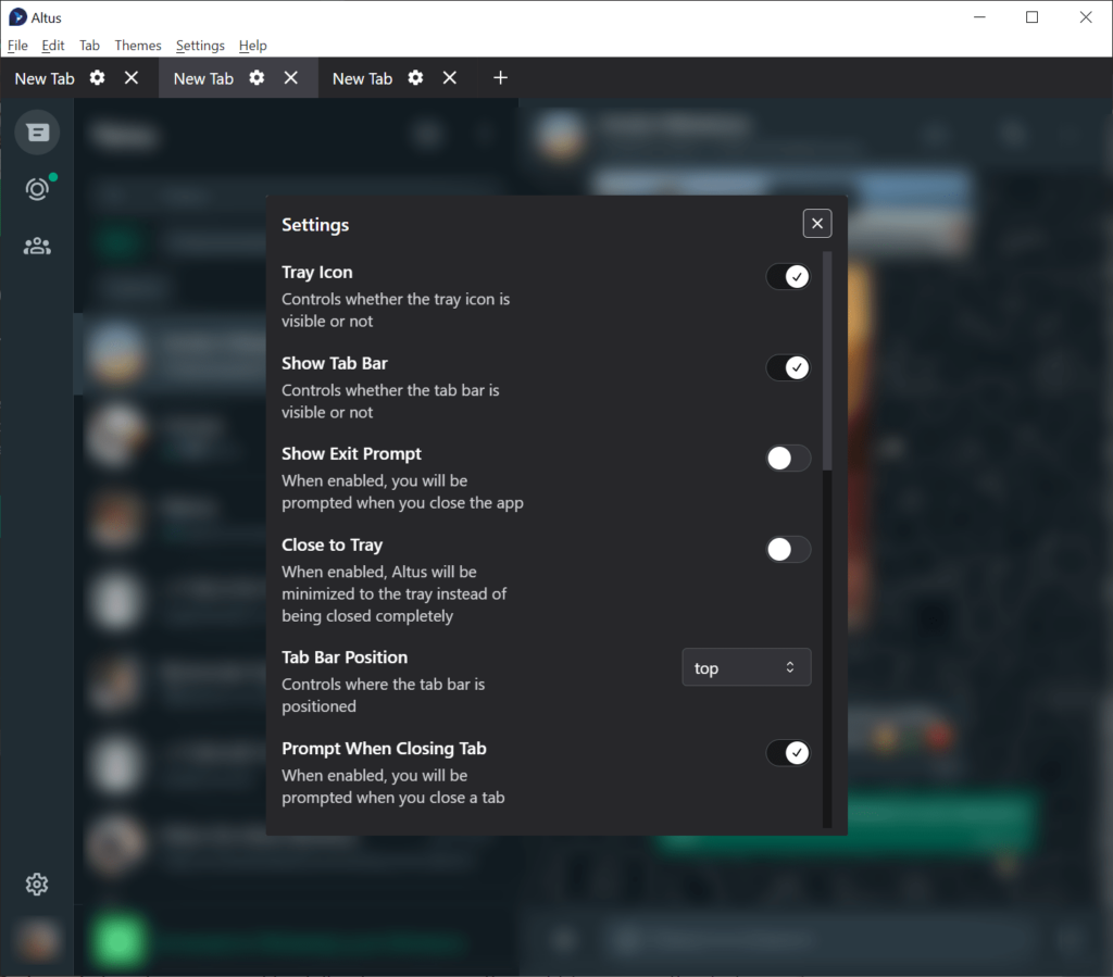 Altus Interface settings