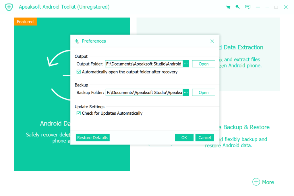 Apeaksoft Android Toolkit Program preferences