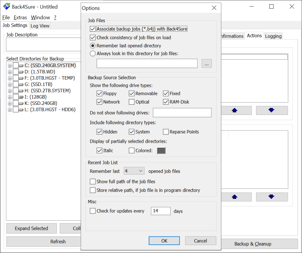 Back4Sure General options