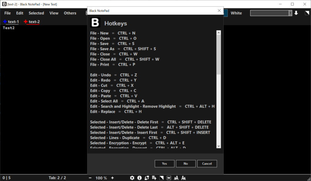 Black NotePad Default hotkeys