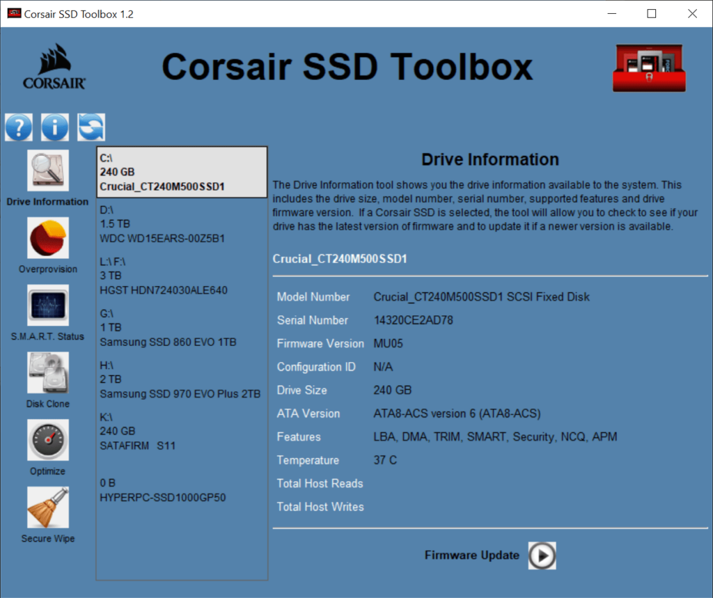 Corsair SSD Toolbox Drive information