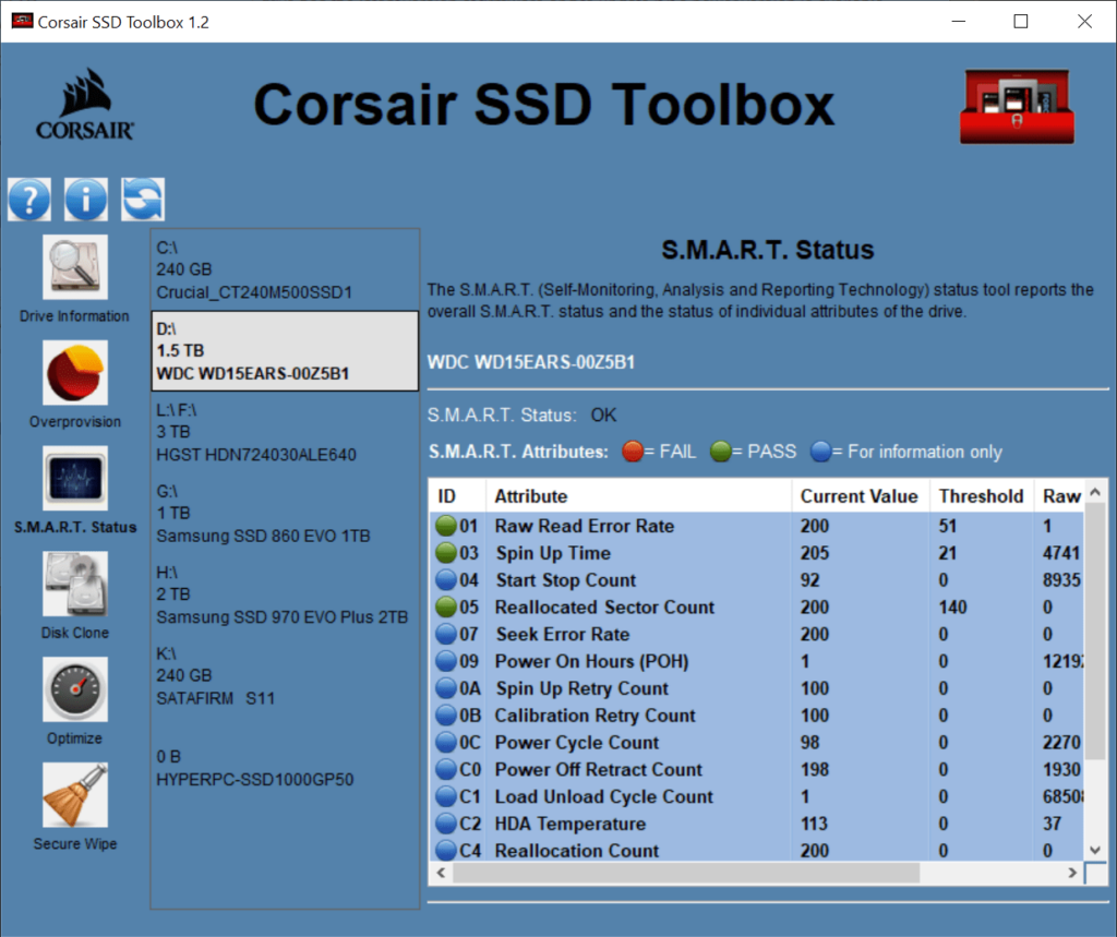 Corsair SSD Toolbox SMART status