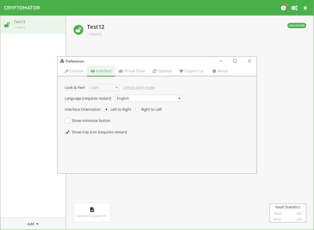 Cryptomator Interface settings