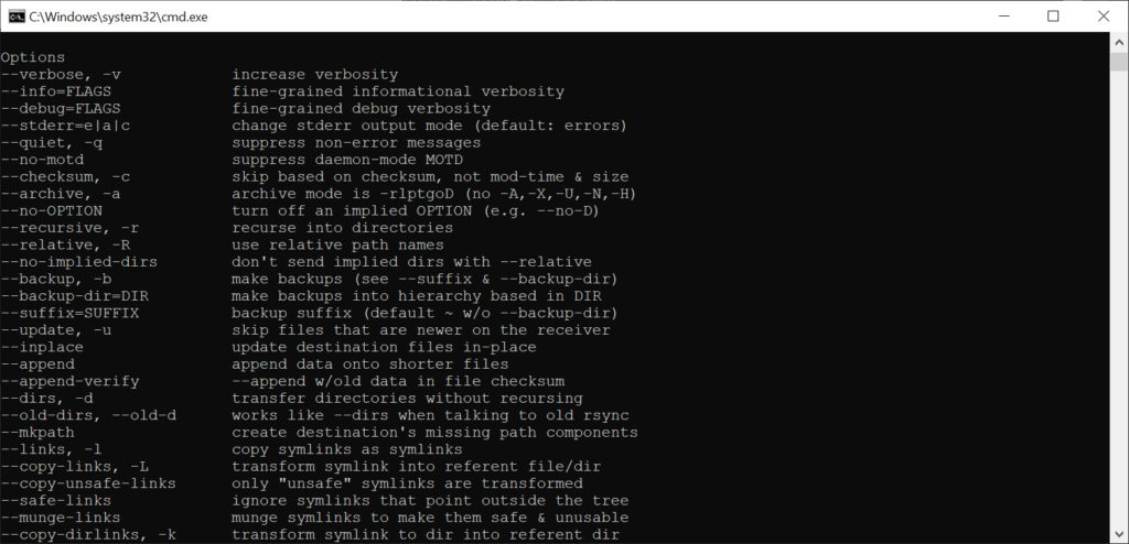 cwRsync Advanced arguments