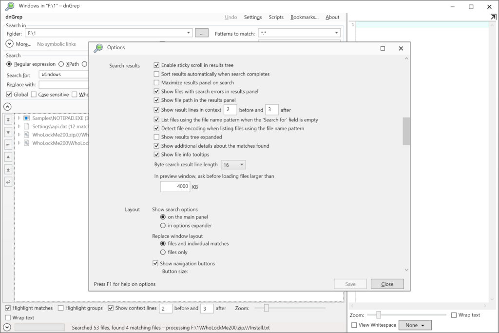 dnGREP Advanced options