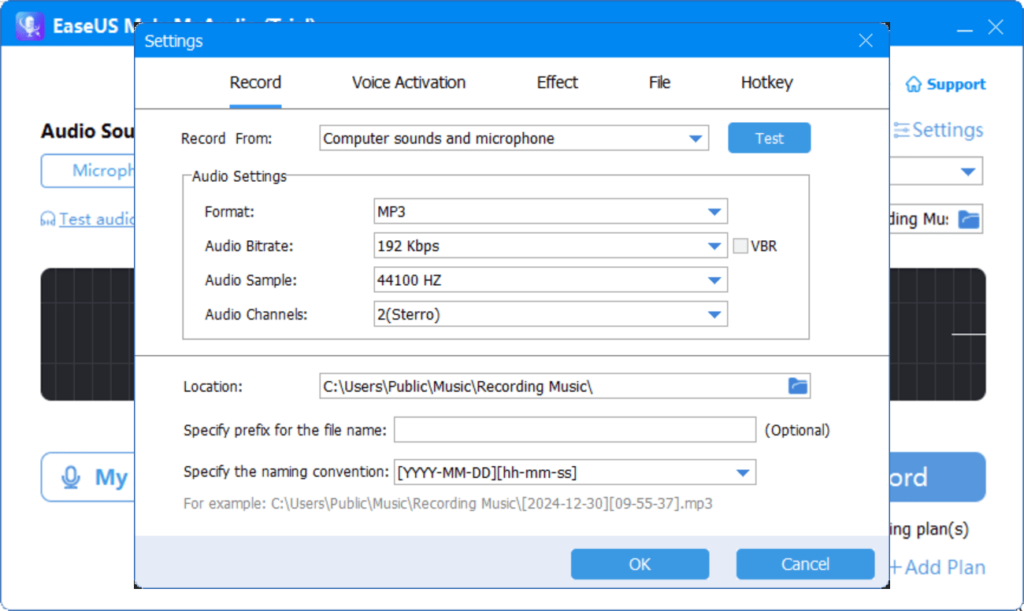 EaseUS MakeMyAudio Recording options