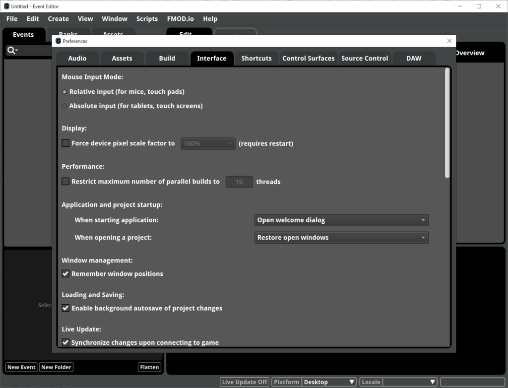 FMOD Studio Interface configuration