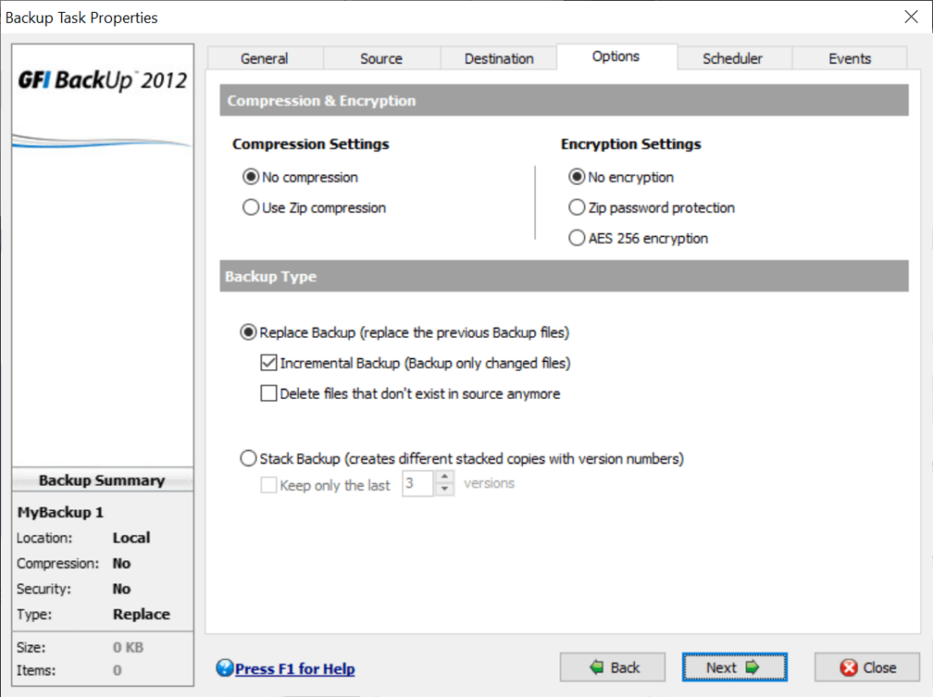 GFI Backup Advanced options