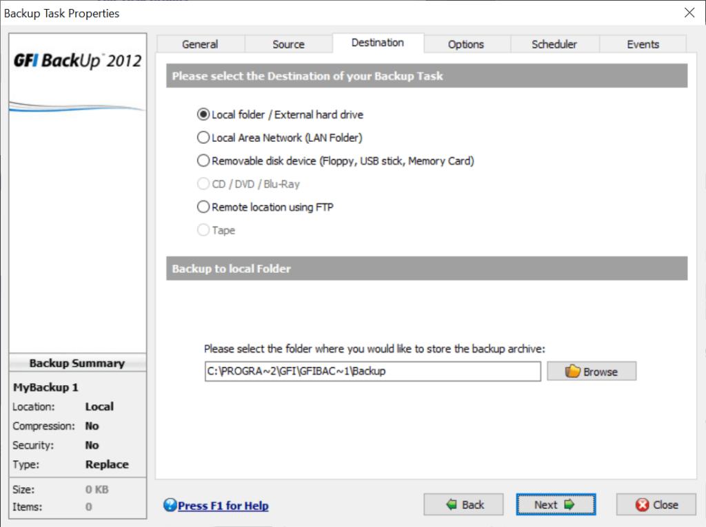 GFI Backup Supported target locations