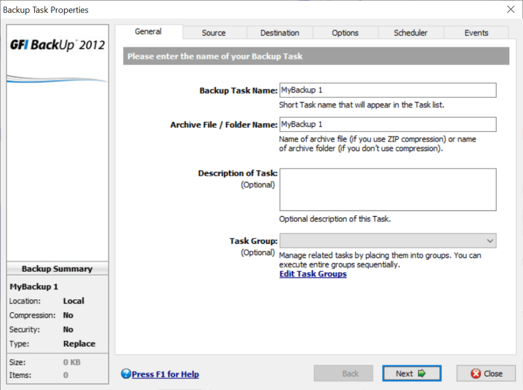 GFI Backup Task properties