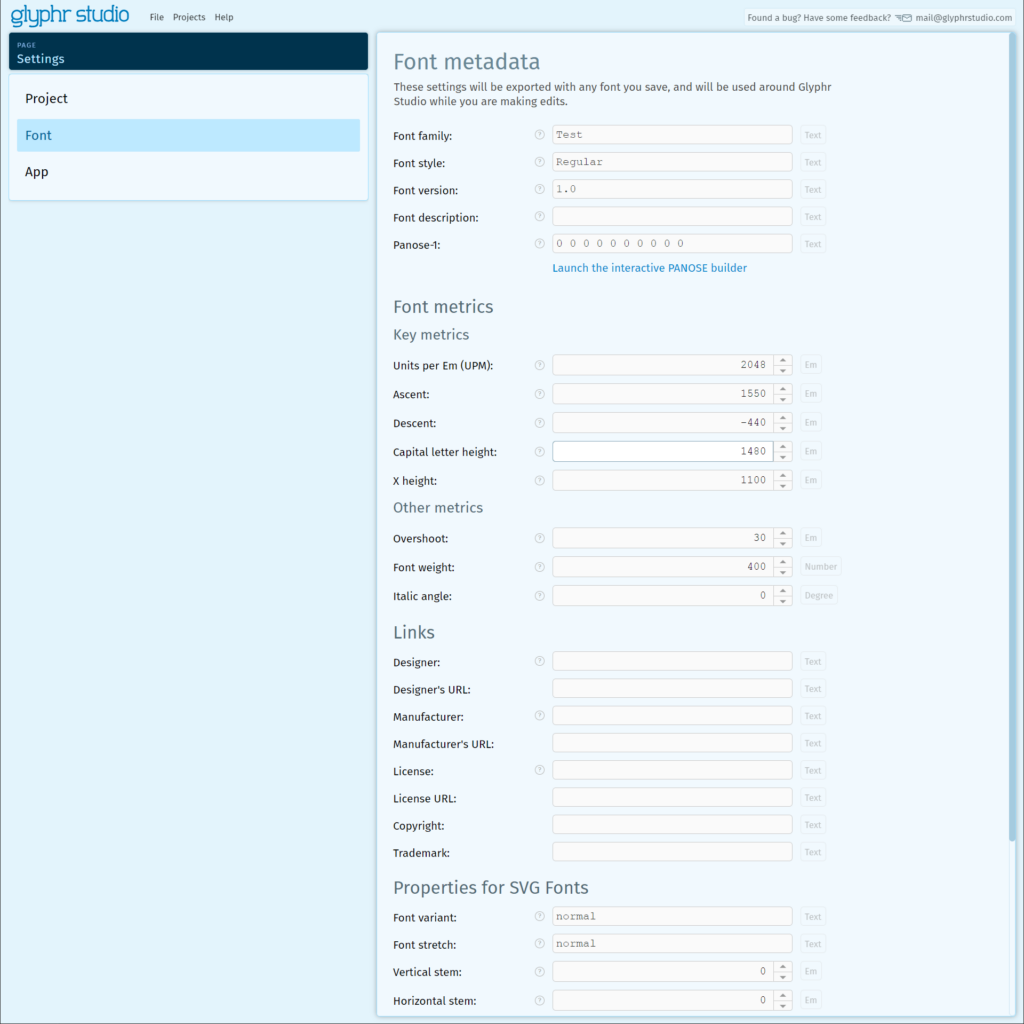 Glyphr Studio Font properties