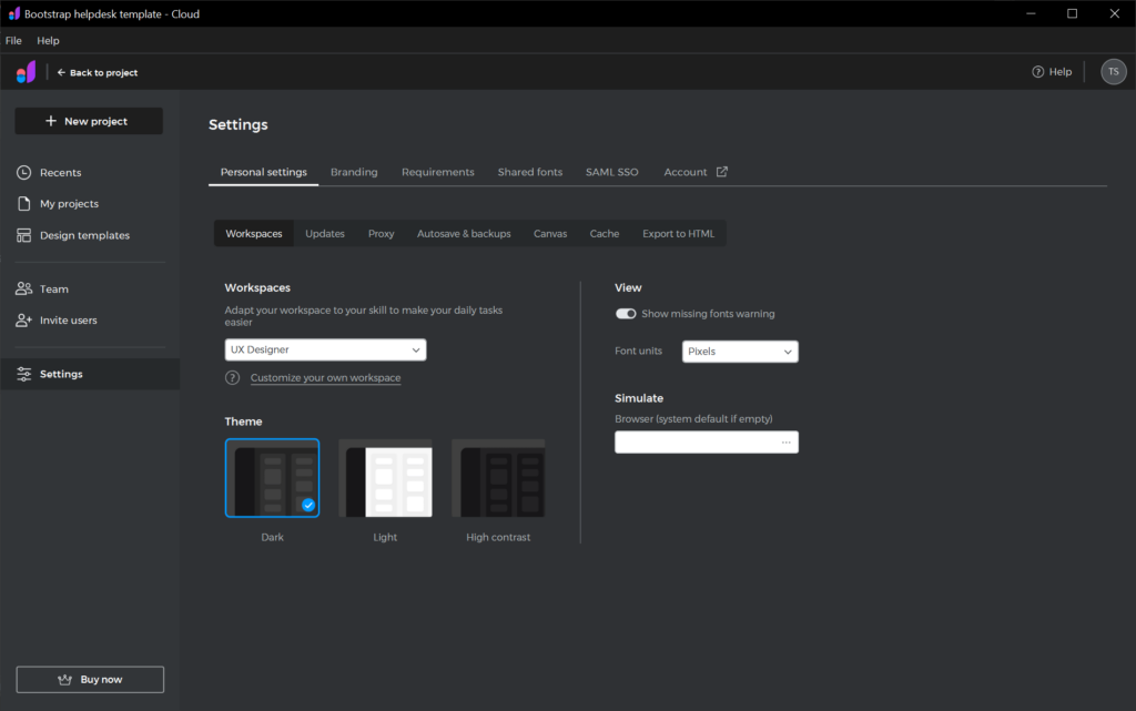 Justinmind Prototyper Pro Personal settings