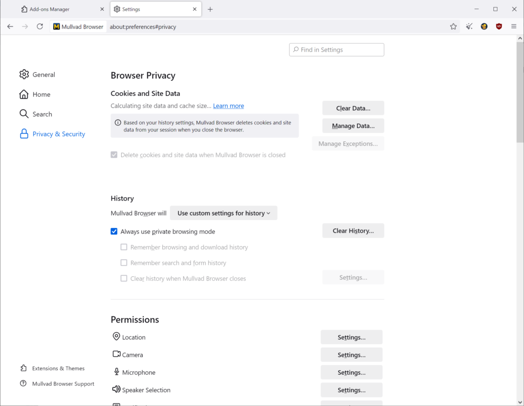 Mullvad Browser Advanced privacy settings