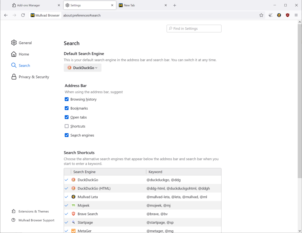 Mullvad Browser Search preferences