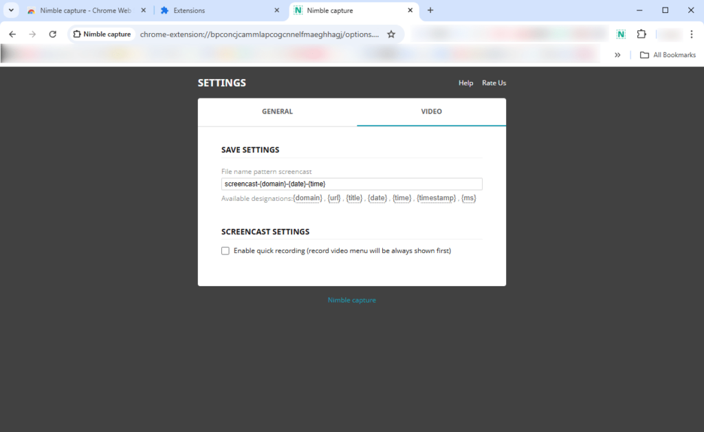 Nimble capture Video parameters