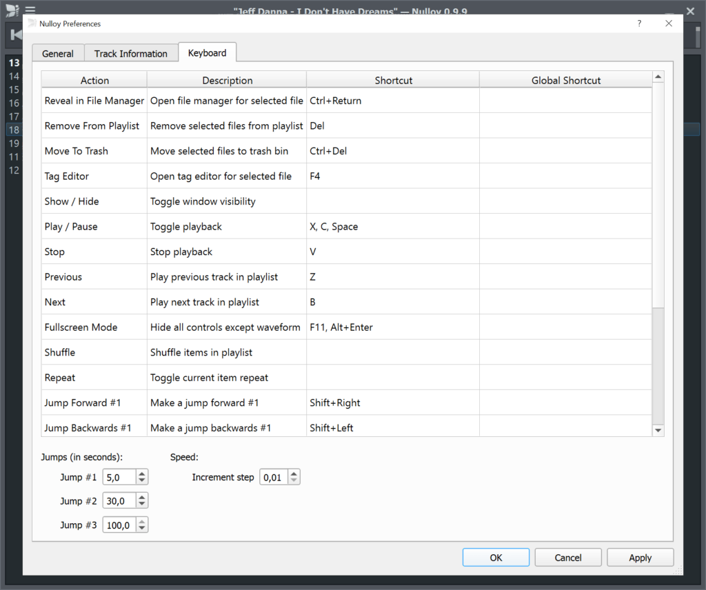 Nulloy Keyboard shortcuts