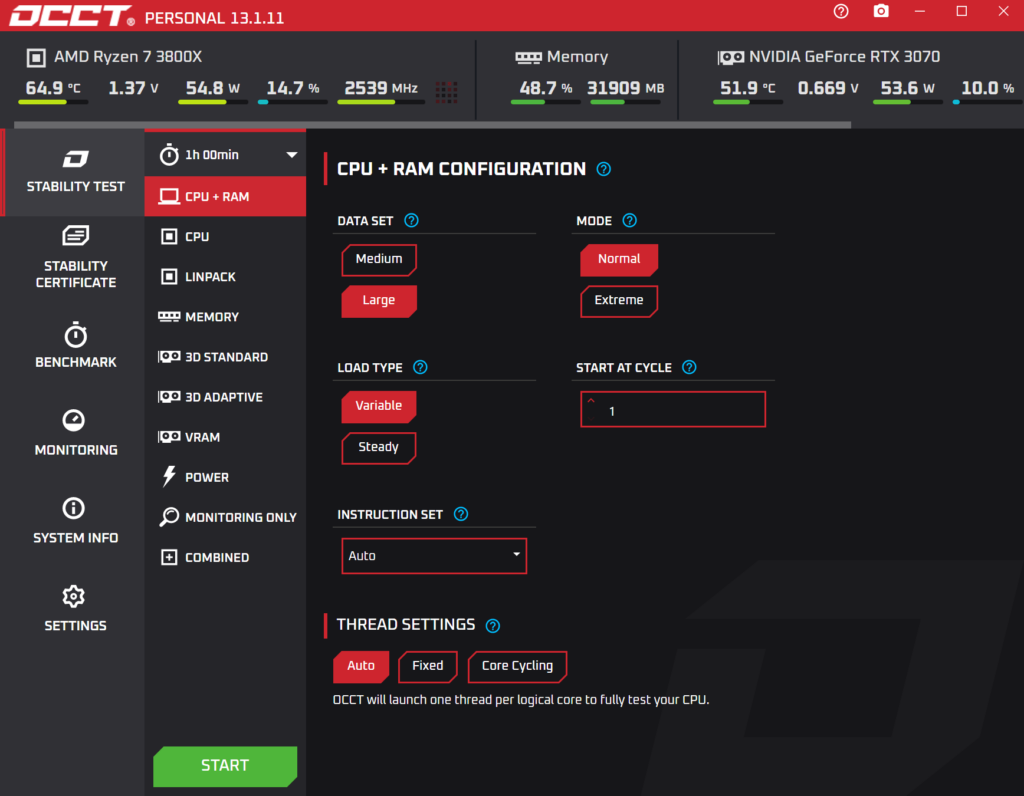 OCCT CPU configuration