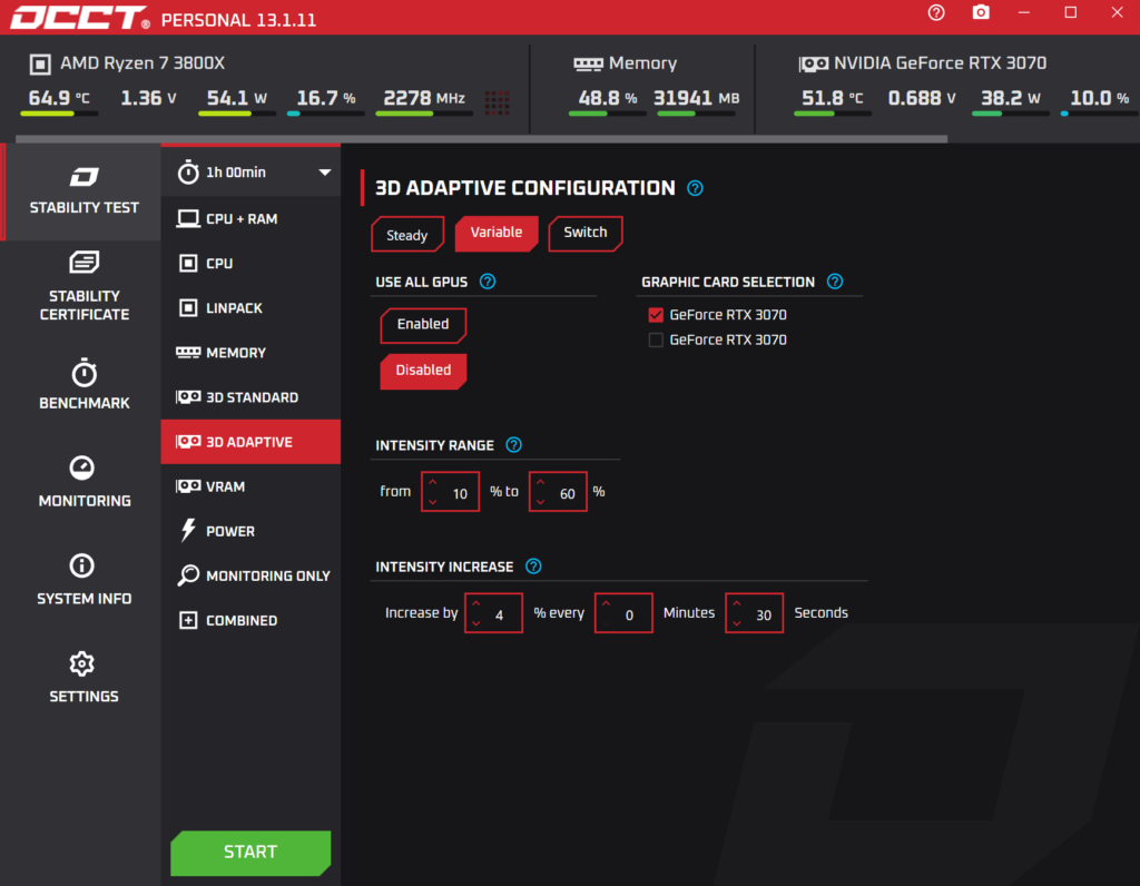 OCCT GPU benchmark settings