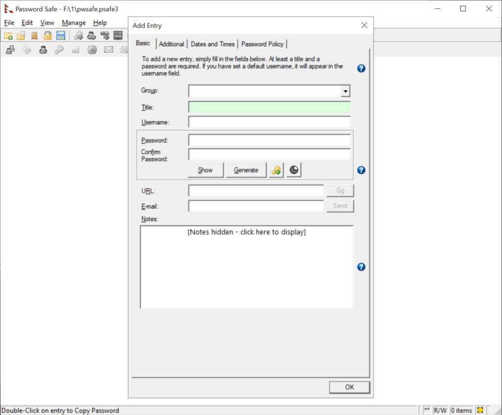 Password Safe Adding new entries