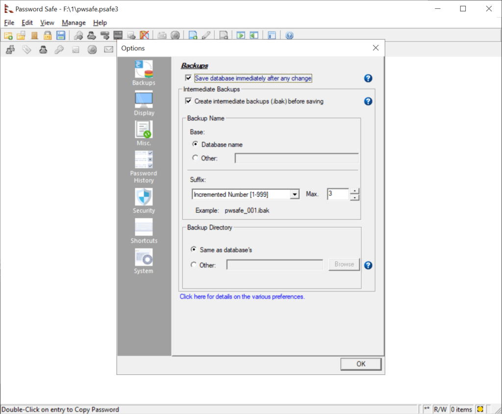 Password Safe Backup settings