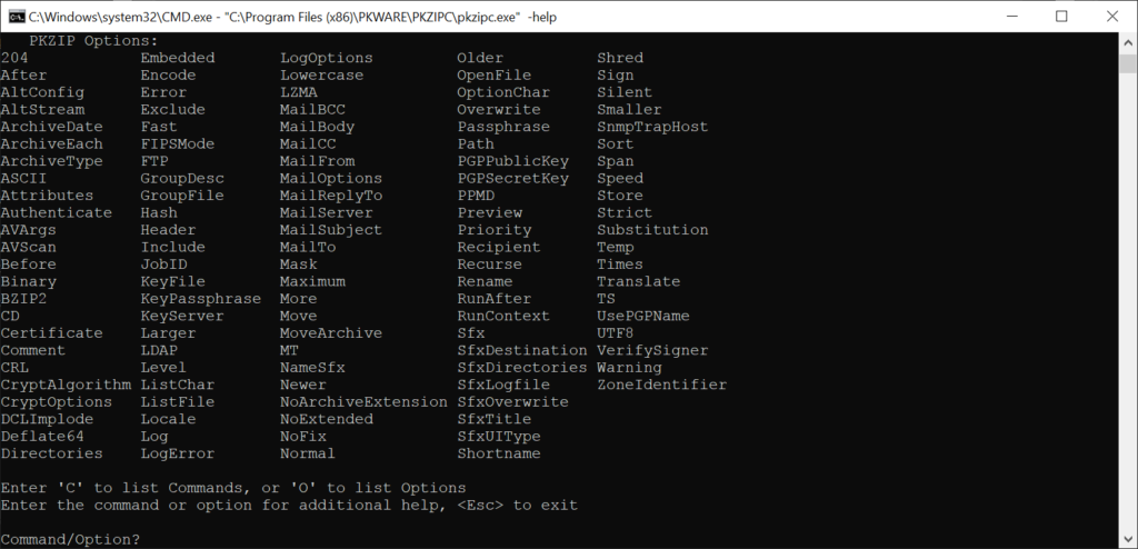 PKZIP Command Line Advanced options