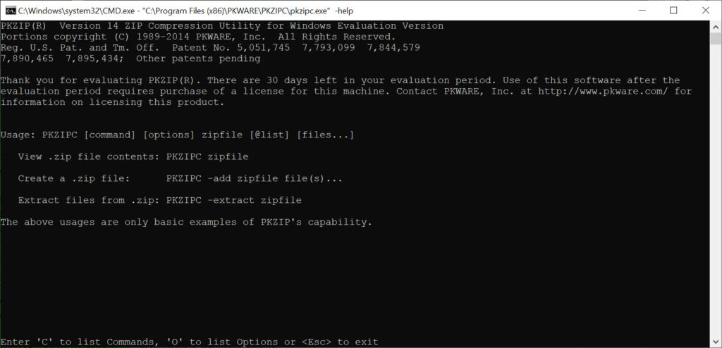 PKZIP Command Line Usage example