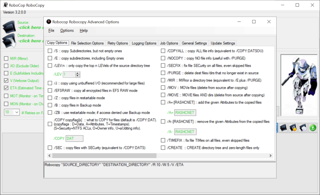 RoboCop RoboCopy General settings