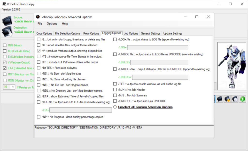 RoboCop RoboCopy Logging preferences