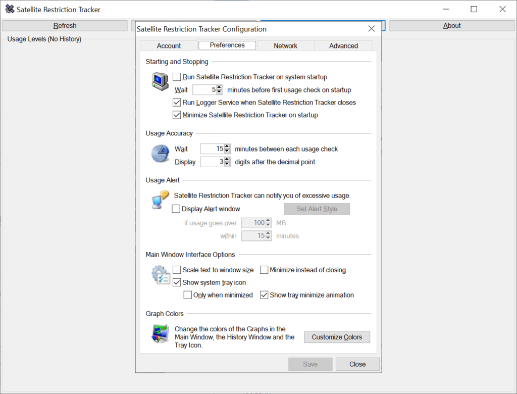 Satellite Restriction Tracker Program settings